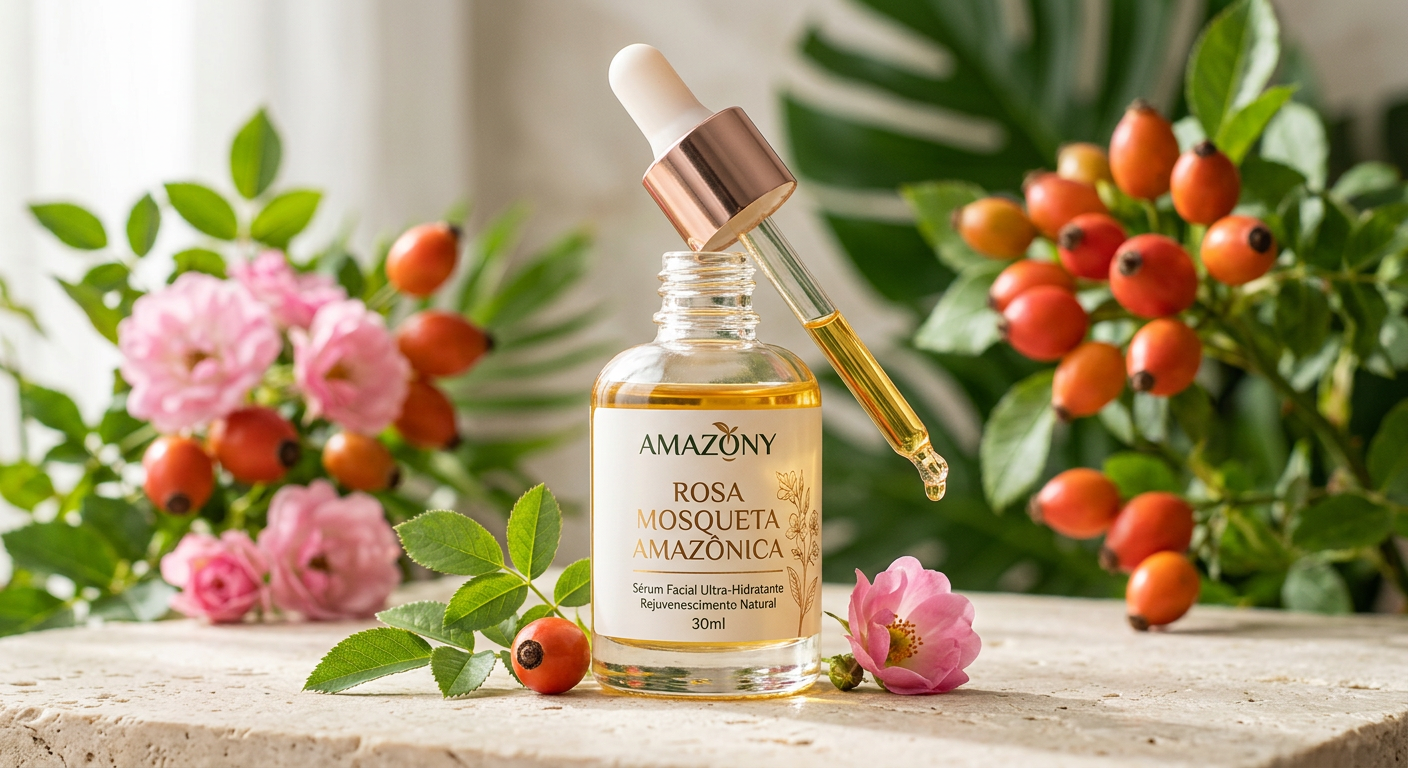 Frasco elegante do sérum Rosa Mosqueta Amazônica da Amazony com conta-gotas e flores de rosa mosqueta ao fundo, simbolizando rejuvenescimento e beleza natural.