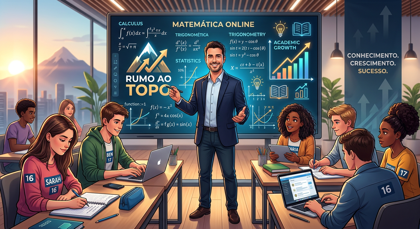 Sandro Curió ensinando matemática avançada em uma tela digital interativa para um grupo de estudantes focados, com gráficos e fórmulas ao fundo, simbolizando o curso RUMO AO TOPO.