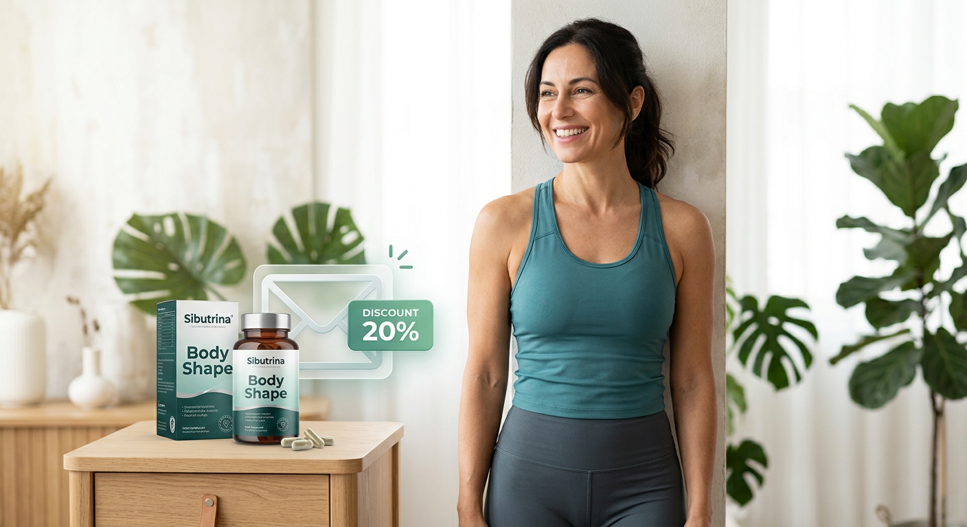 Mulher sorridente e confiante com corpo transformado, segurando Sibutrina Body Shape e um cupom de desconto exclusivo por e-mail.