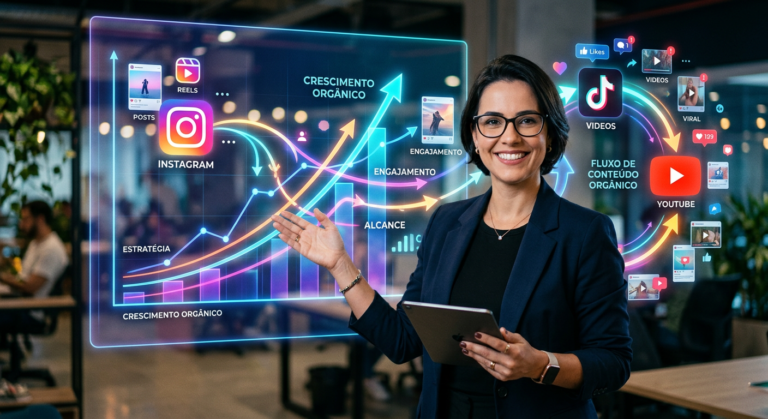 Mulher estrategista explicando um gráfico de crescimento viral em redes sociais, com ícones de Instagram e TikTok, simbolizando o Sistema Viral de Andréa Mazeto e sua metodologia de engajamento.