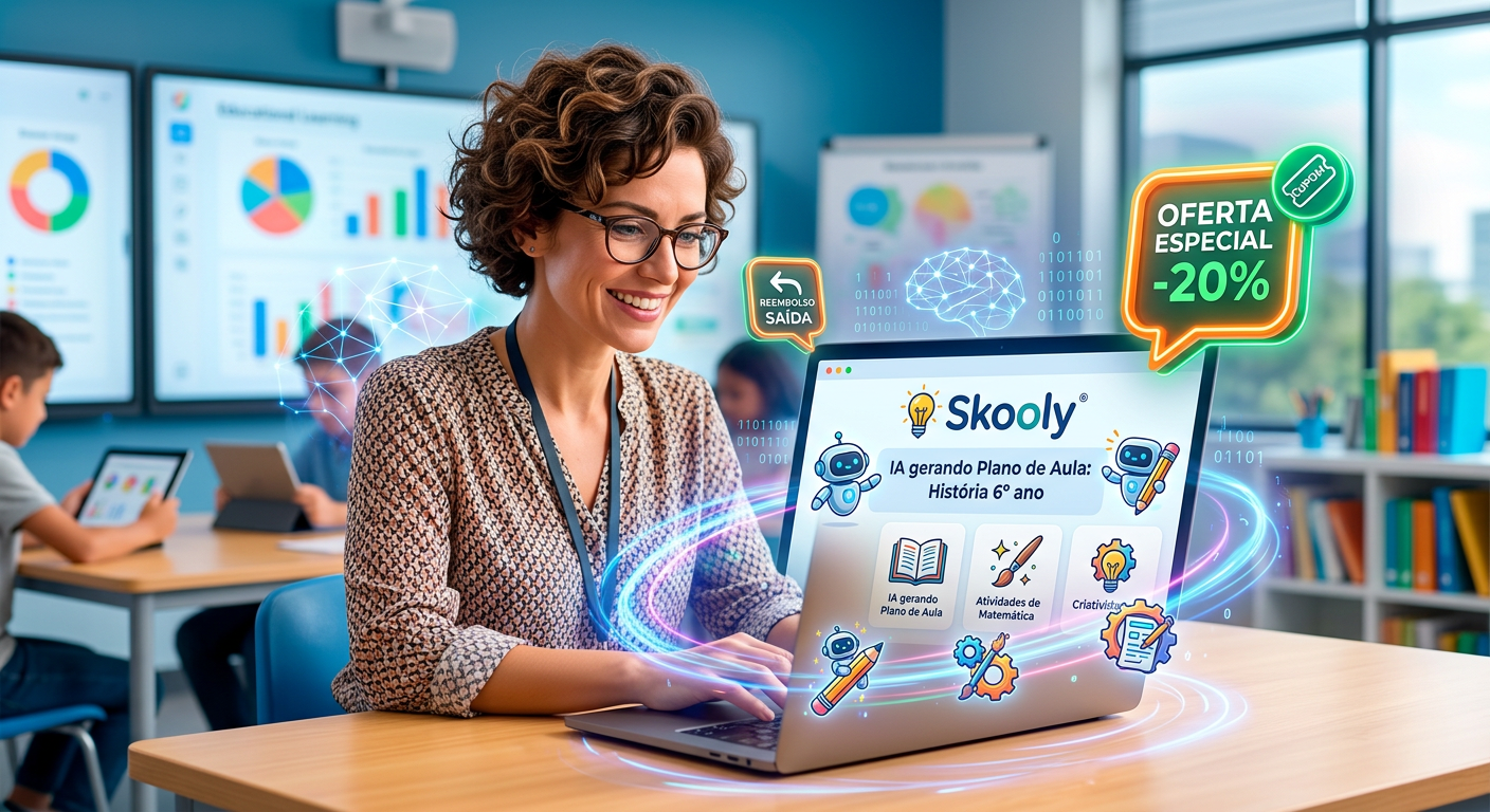 Professora usando a plataforma Skooly de IA para educadores em um laptop, com ícones de cupom e reembolso, simbolizando a decisão de aceitar o desconto de retenção.