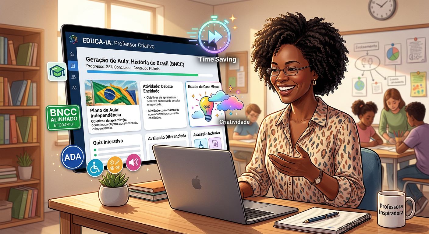 Educador(a) sorridente usando laptop com a plataforma Skooly IA, gerando planos de aula e atividades pedagógicas de forma rápida e eficiente. A tela exibe ícones de criatividade, inclusão e alinhamento BNCC, simbolizando a otimização do tempo do professor.