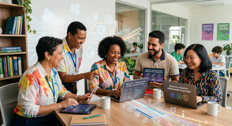 Educadores usando a plataforma Skooly IA em tablets e laptops para gerar planos de aula e atividades, simbolizando produtividade e inovação na educação.