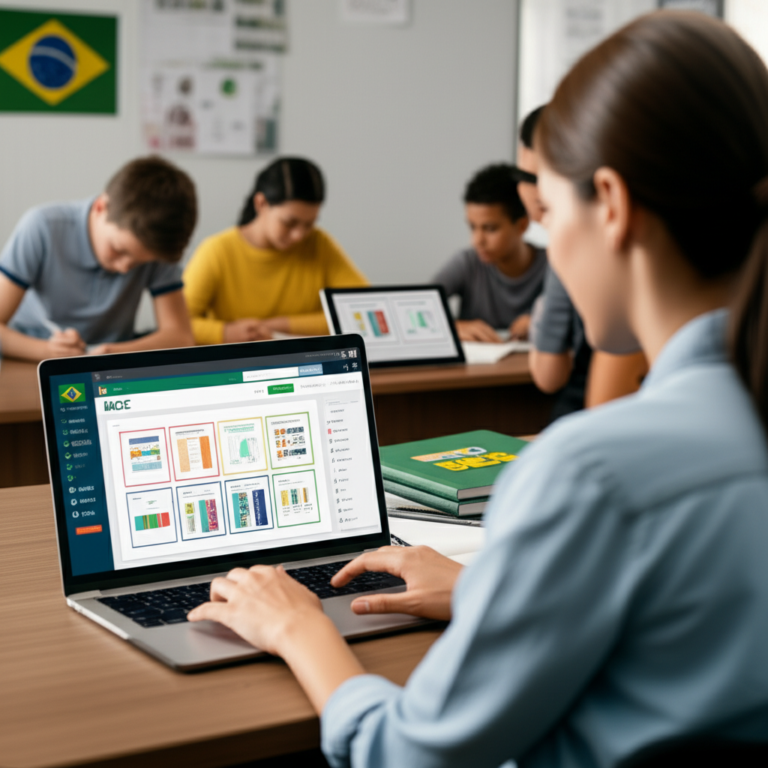 Professor usando a plataforma Skooly em laptop, gerando planos de aula e materiais pedagógicos com IA, enquanto alunos trabalham com tablets em sala de aula moderna.