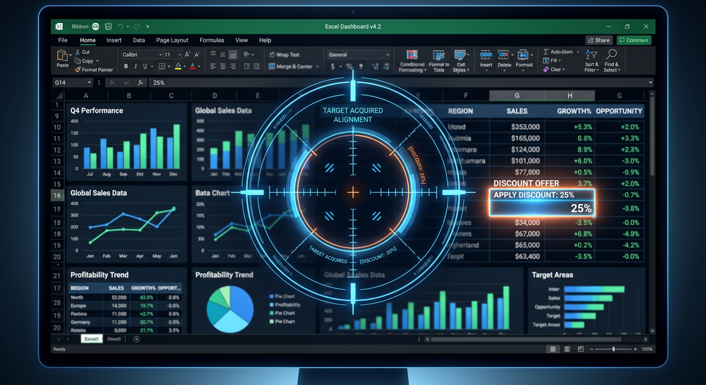 Imagem conceitual de um visor de mira (crosshairs) sobre uma planilha Excel, destacando um campo de desconto ou oferta, simbolizando a busca precisa por valor.