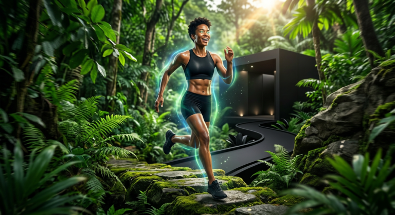 Pessoa confiante e energética com corpo tonificado, em um cenário que combina elementos naturais verdes vibrantes com detalhes pretos elegantes, simbolizando a transformação e o poder do Super Green Black para o emagrecimento e fim da inércia.