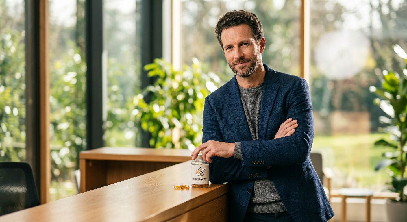 Homem confiante e viril, representando a recuperação da potência sexual e energia com Super Power Man.