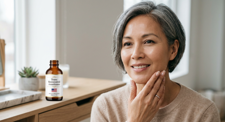 Mulher com pele rejuvenescida e lisa, evidenciando os resultados do Trans Resveratrol Americano sublingual para rugas e flacidez.