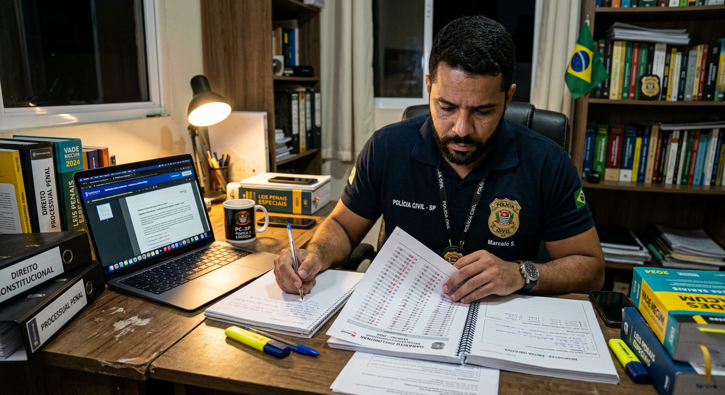 Estudante de concurso policial utilizando gabarito para treinamento