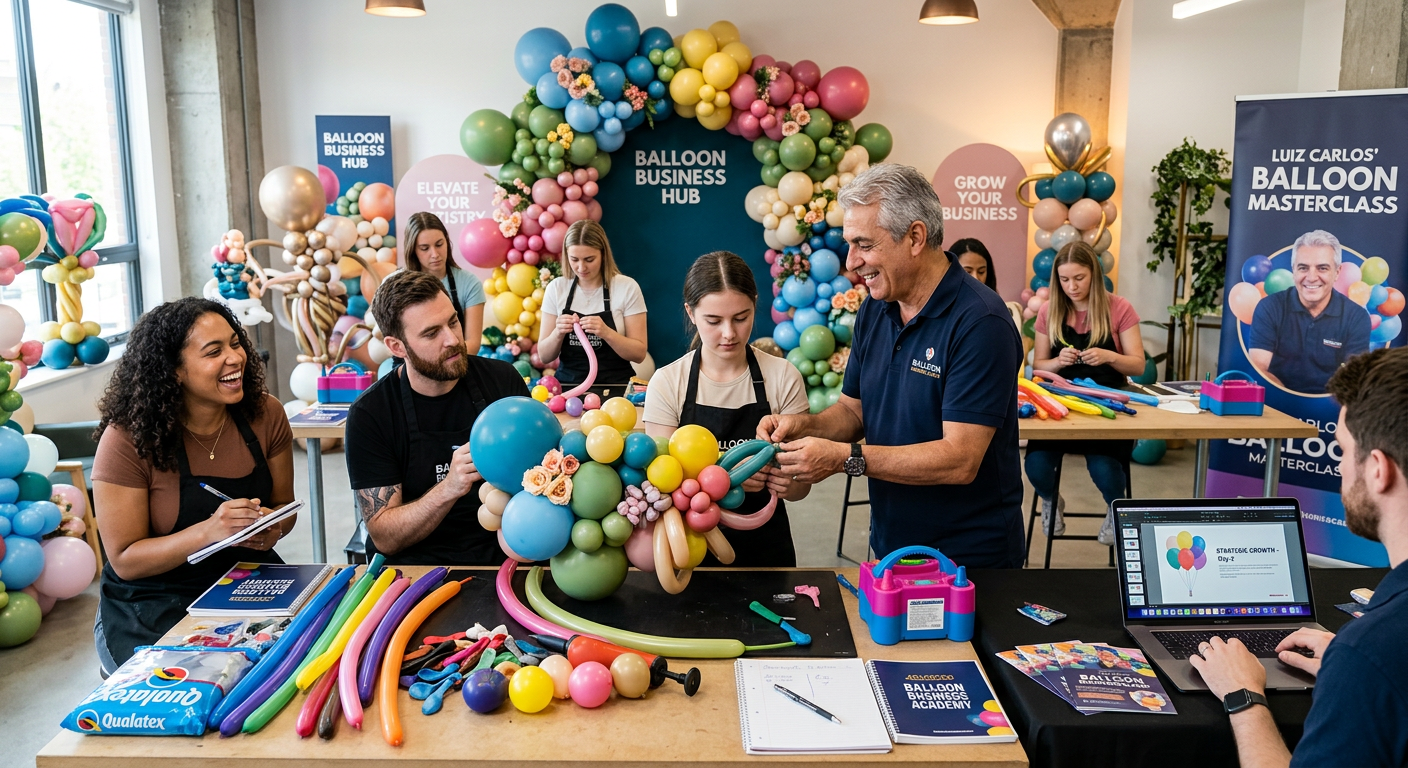 Alunos aprendendo técnicas avançadas de arte com balões e gestão de negócios na Universidade Cenário Balões 2.0, com foco na profissionalização de decoradores.