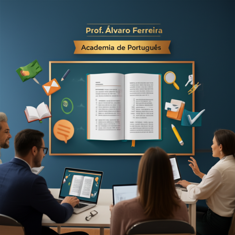 Cena de aula online da Academia de Português com estudantes usando dispositivos e ícones de gramática