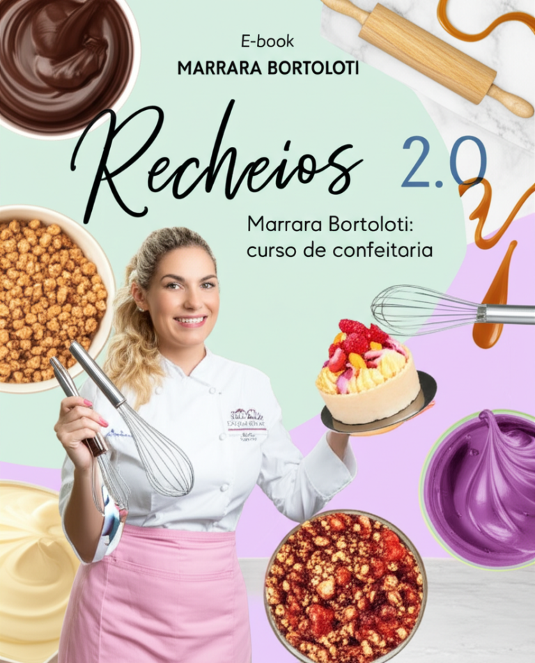 Capa do e‑book "Recheios 2.0" de Marrara Bortoloti, com a chef de confeitaria segurando um doce decorado e rodeada por recheios variados como ganache, creme de baunilha, compota de frutas e caramelo.