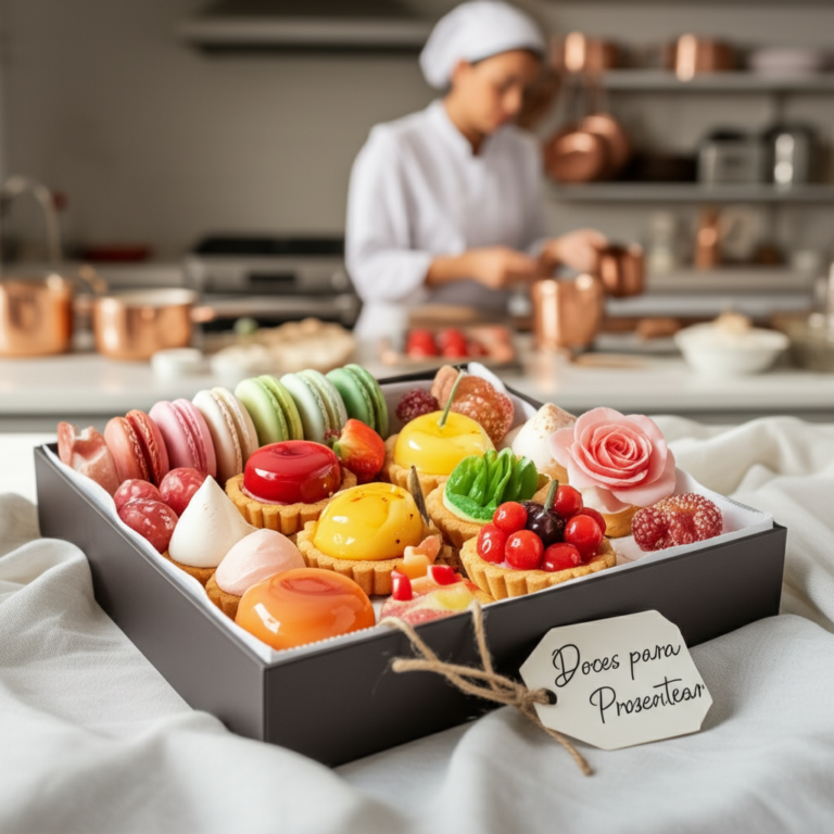 Elegant handcrafted sweets in a gift box, representing the 'Doces para Presentear' course by Ísis Alvarez.