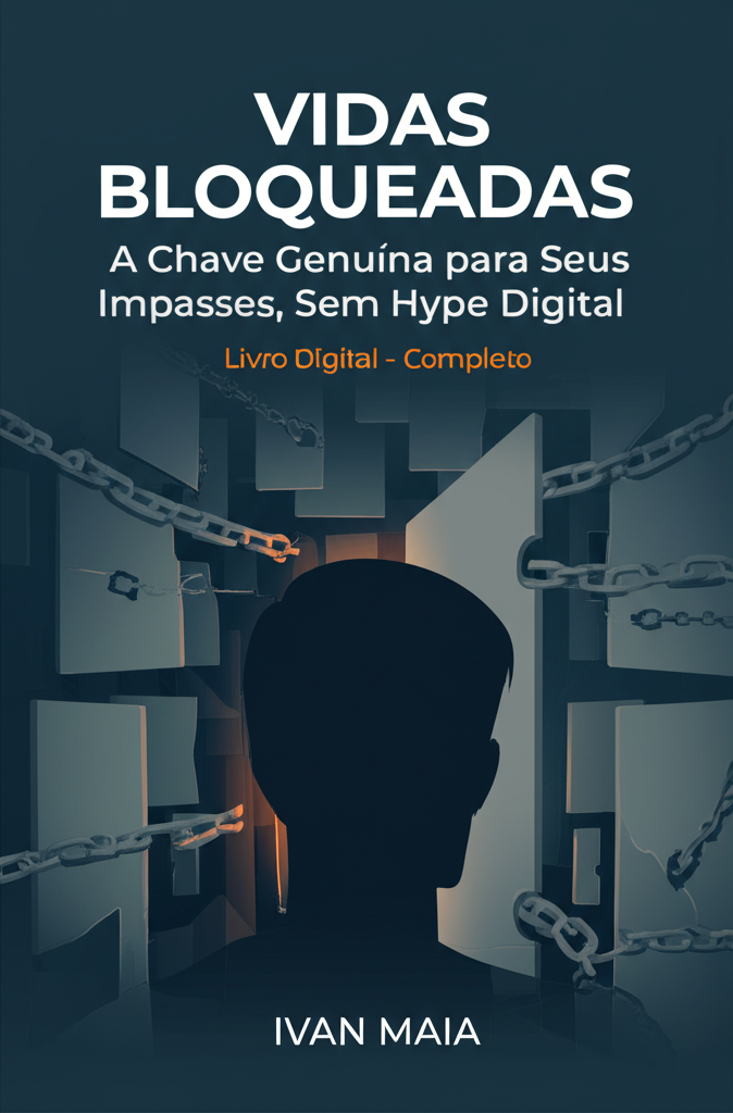 Capa digital do e‑book "Vidas Bloqueadas" com silhueta humana, cadeias quebradas e labirinto que simboliza bloqueios emocionais.