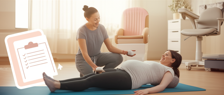 Gestante praticando exercícios de fisioterapia obstétrica com apoio de doula, em ambiente hospitalar acolhedor.