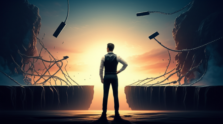 Pessoa em pé na beira de um precipício simbólico, superando barreiras de medo, representando a coragem e a liderança do Código da Coragem (Titio Bernardo).