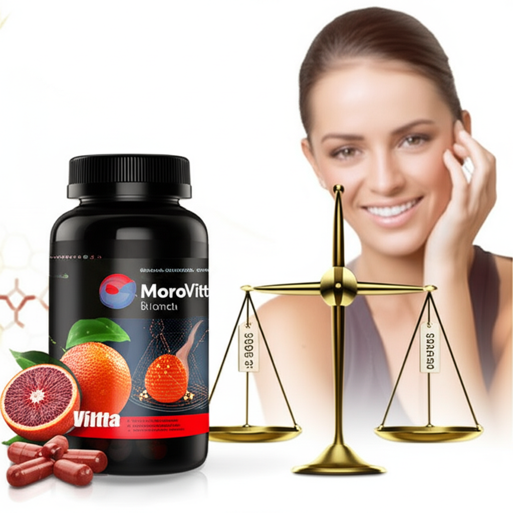 MoroVitta frasco e cápsulas ao lado de laranjas Moro, com mulher satisfeita e gráfico de comparação de preços de emagrecedores.