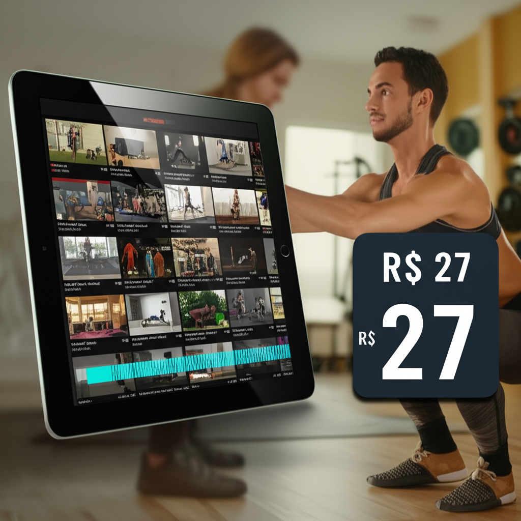 Comparativo visual entre um extenso acervo digital de mais de 500 videoaulas de treinos funcionais e um curso genérico de baixo custo, destacando a profundidade e o valor do conteúdo curado.