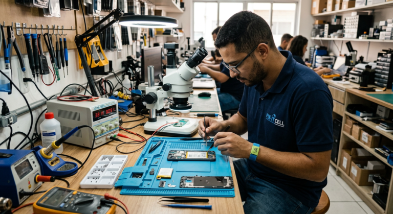 Técnico de manutenção de celulares trabalhando em uma bancada