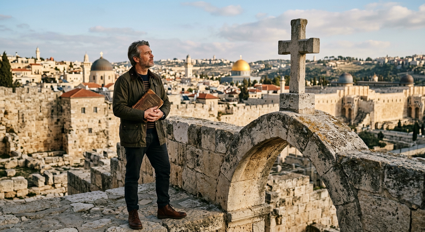 Homem em frente a uma ruína antiga em Jerusalém