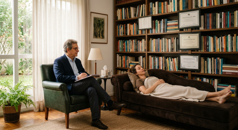 Psicanalista e paciente em uma sessão de terapia