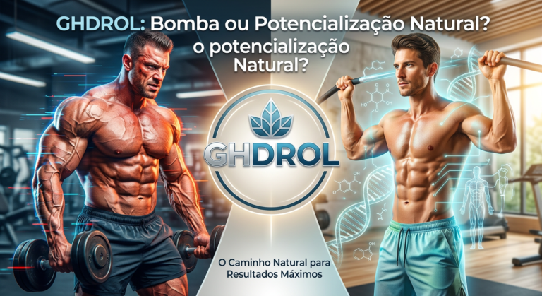 Contraste visual entre o conceito de ganhos musculares extremos ('bomba') e a potencialização natural da hipertrofia masculina com GHDROL.