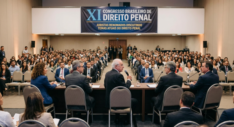 Imagem de um congresso jurídico com palestrantes e plateia