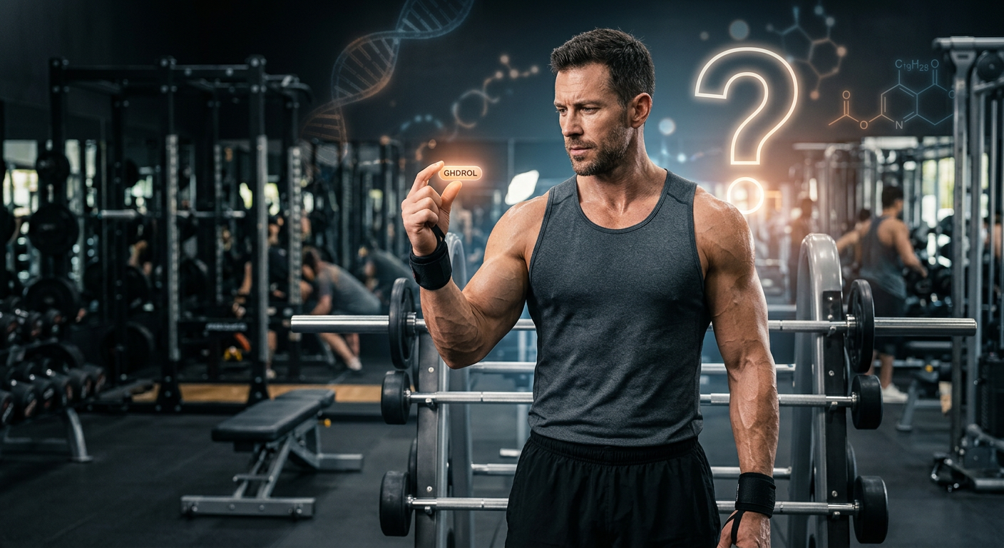 Homem musculoso em academia questionando a eficácia e segurança do suplemento GHDROL, com elementos científicos e fitness ao fundo.
