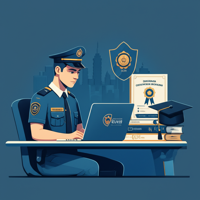 Policial estadual estudando com material do Instituto Óliver e diploma digital ao fundo.