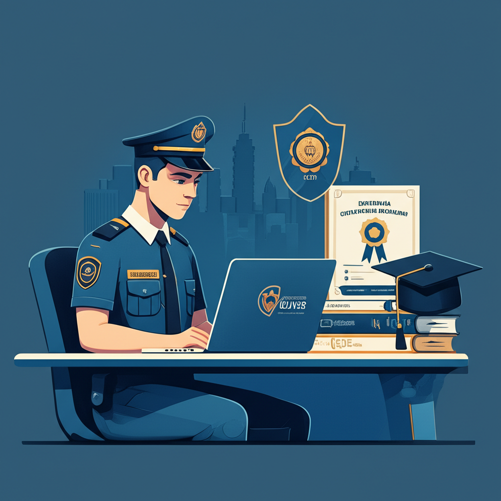 Policial estadual estudando com material do Instituto Óliver e diploma digital ao fundo.