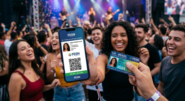 Carteira CIE digital e física da FESN em destaque, com jovens estudantes felizes aproveitando um evento cultural ao fundo, simbolizando o benefício da meia-entrada.