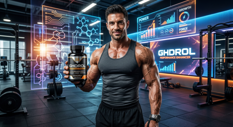 Homem musculoso e definido segurando um frasco de GHDROL em uma academia de alta tecnologia, simbolizando força, hipertrofia e performance masculina.