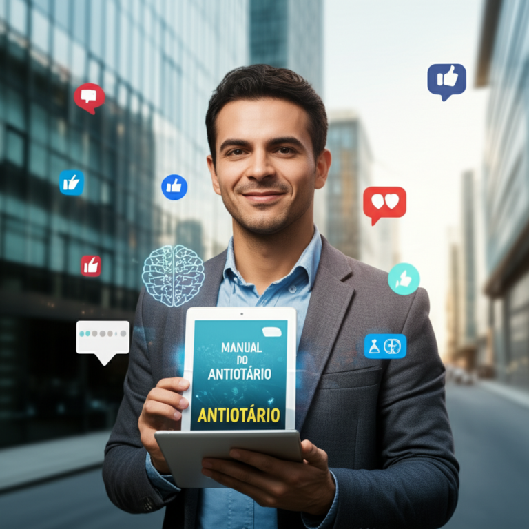 Homem confiante segurando um tablet com o Manual do Antiotário, simbolizando desenvolvimento de inteligência social e emocional.
