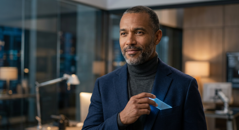 Homem confiante usando Durazul adesivo sublingual para melhorar ereção e desempenho sexual, exalando energia e vitalidade masculina.