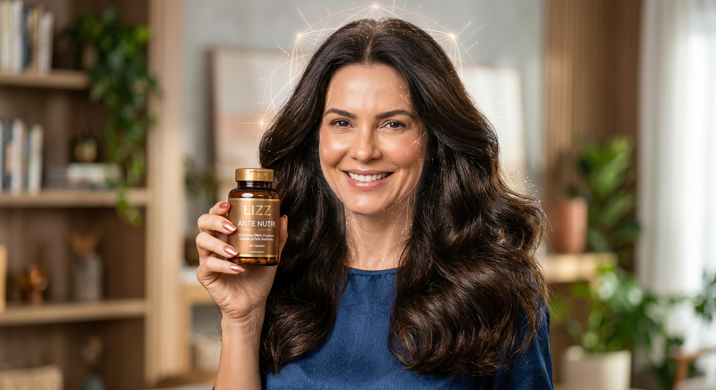 Mulher sorridente com cabelo volumoso, pele radiante e unhas fortes, segurando um frasco de Lizz Ante Nutri com brilho de Smart Silicius.