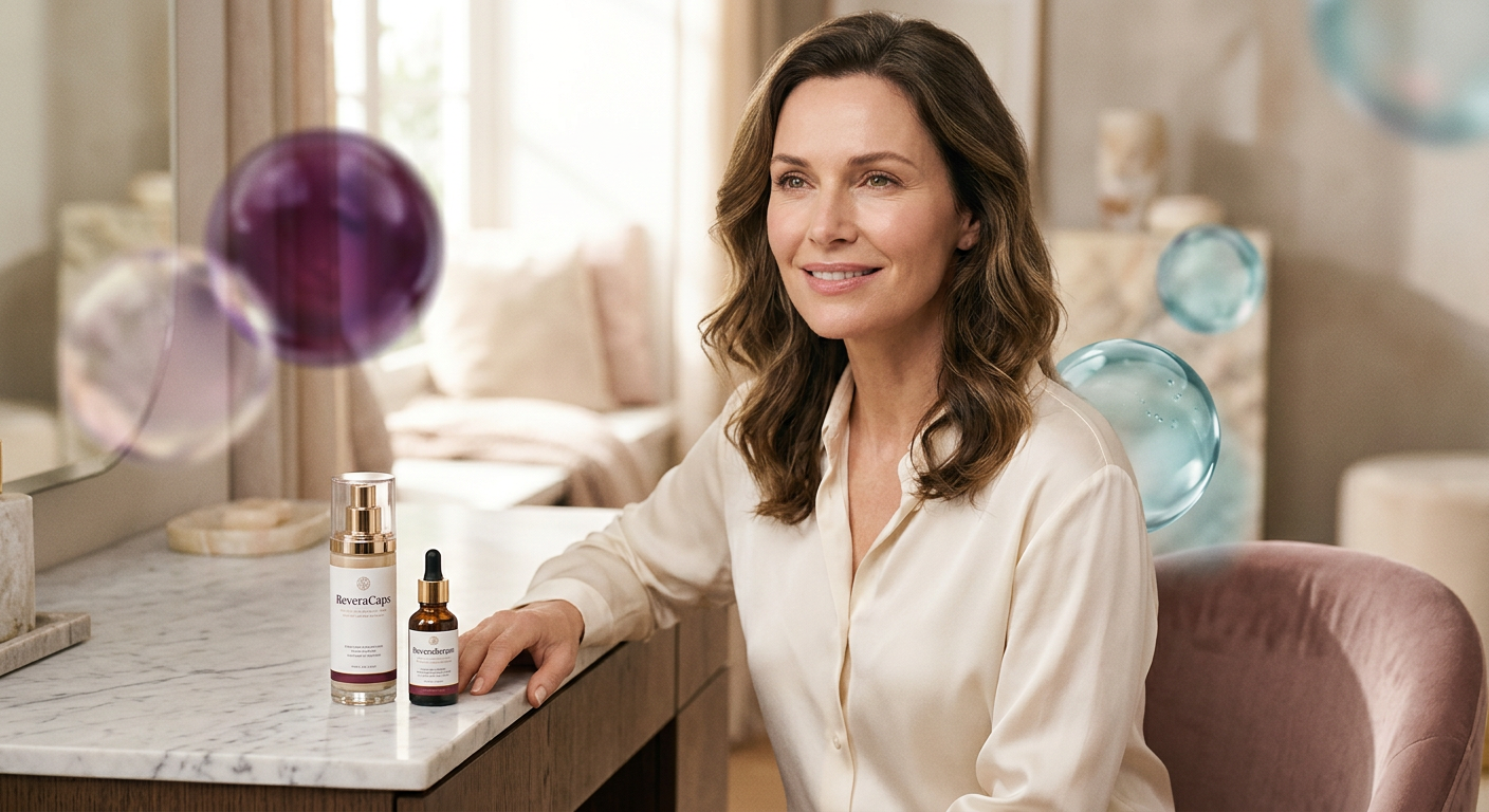 Mulher de meia-idade radiante com pele firme e luminosa, segurando os produtos ReveraCaps e ReveraSerum, simbolizando rejuvenescimento e autocuidado.