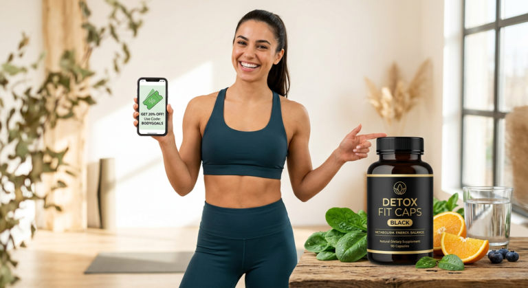 Mulher fitness sorrindo com um frasco de Detox Fit Caps Black e elementos naturais, sugerindo saúde e emagrecimento com desconto de influenciador.