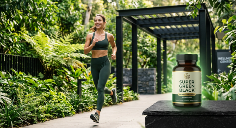 Pessoa energizada e com corpo tonificado, sorrindo confiante, com o suplemento Super Green Black ao lado, em cenário que mistura natureza e modernidade. Representa emagrecimento e vitalidade.