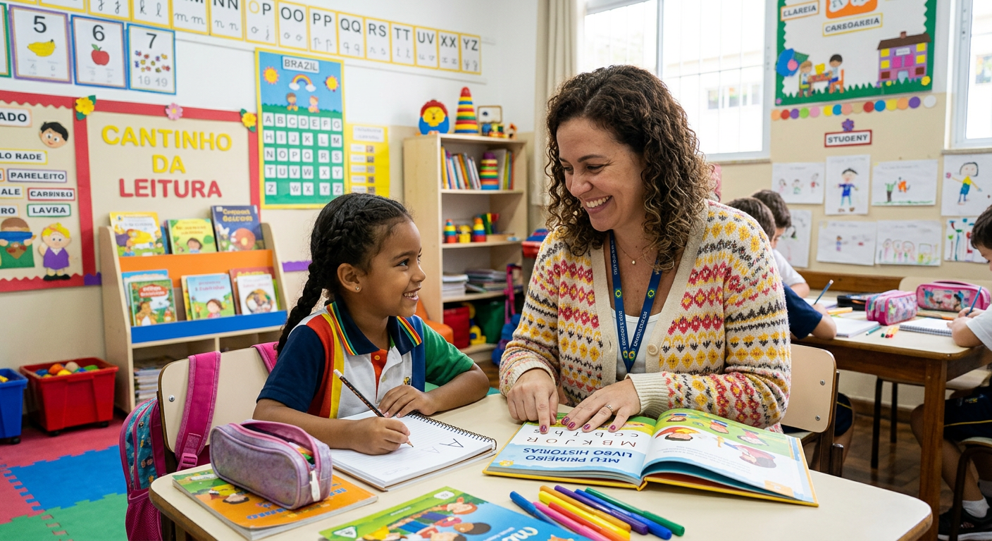 Professora ajudando criança a aprender a ler