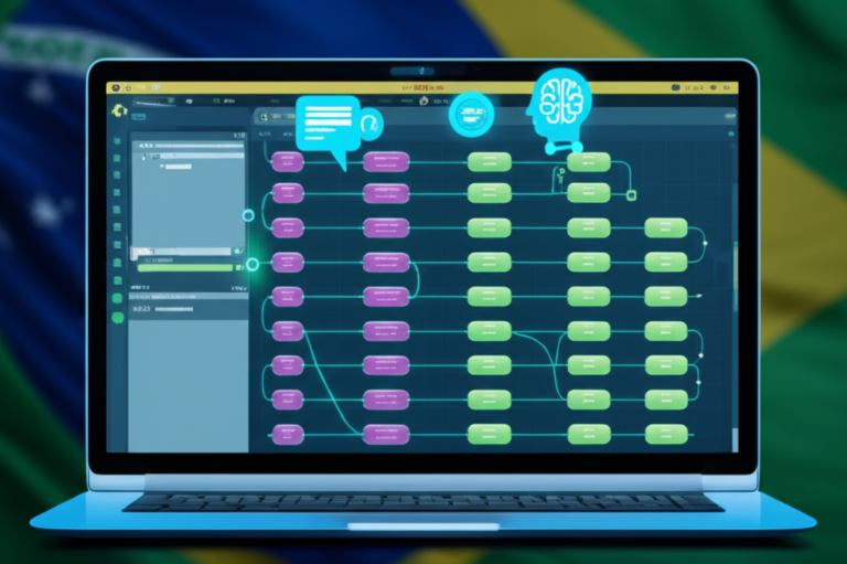 Ilustração de um laptop com o editor n8n exibindo fluxos de automação e ícones de IA, simbolizando a recuperação de valor em 15 dias.