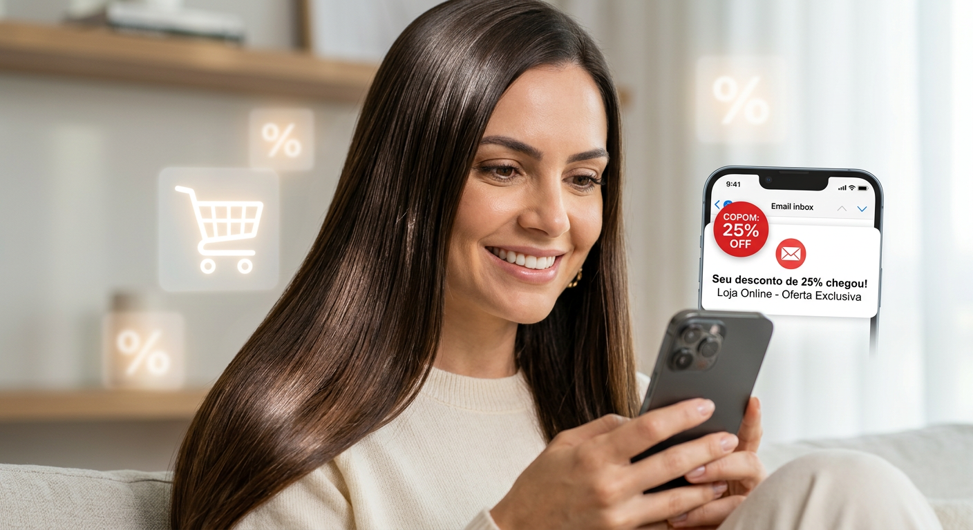 Mulher sorridente com cabelos longos, lisos, brilhantes e perfeitamente alinhados, olhando para a tela de um smartphone que exibe um cupom de desconto SMOOTH em seu e-mail, representando uma oferta de abandono de carrinho.