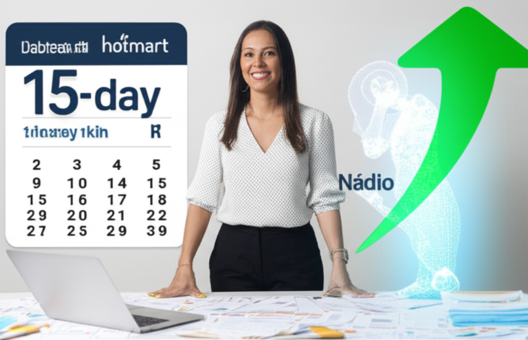 Nádia Pace presenting the Viva Sempre com Dinheiro course, with financial documents, a laptop, and the AI assistant Nádio, simbolizando a estratégia de payback em 15 dias.