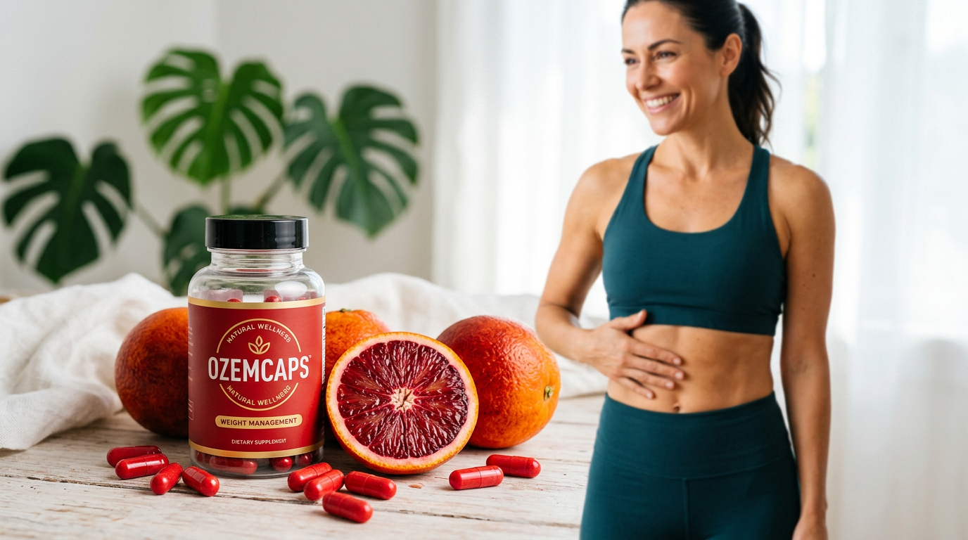 Frasco de Ozemcaps e cápsulas vermelhas com Laranja Moro, ao lado de mulher sorridente com barriga chapada, simbolizando emagrecimento e detox natural.
