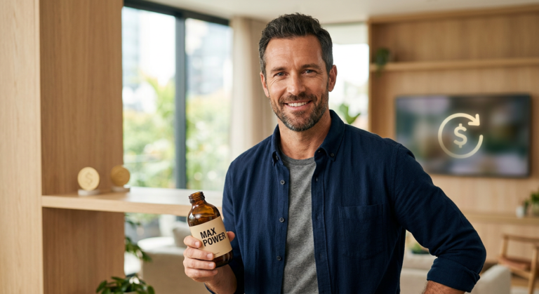 Homem confiante segurando Max Power com símbolos de cashback, representando performance e economia na saúde masculina.