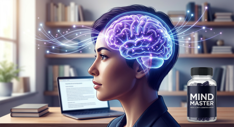MIND MASTER suplemento para foco e clareza mental, com cérebro brilhando, em ambiente de estudo ou trabalho. Imagem conceitual de desempenho cognitivo.