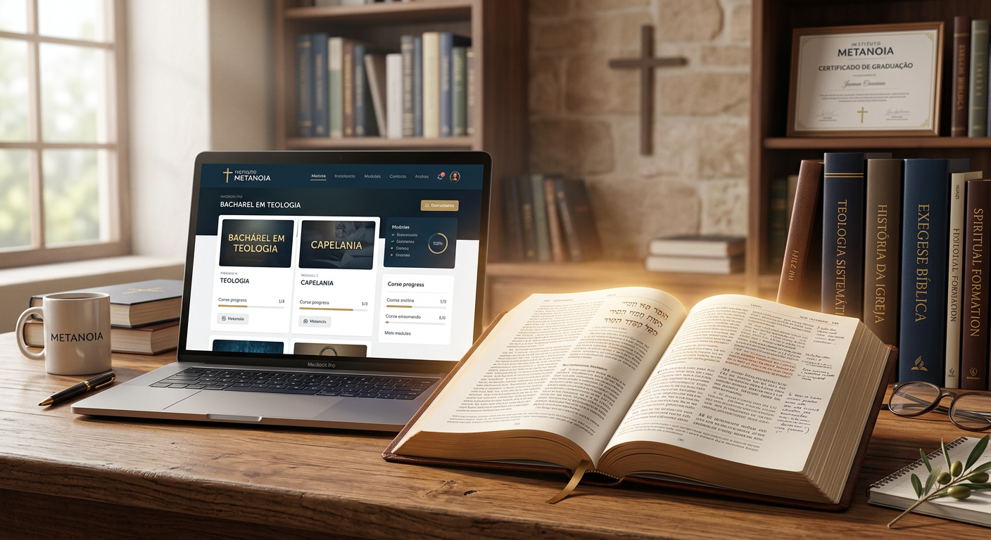 Mesa de estudo com uma Bíblia aberta, um laptop exibindo uma plataforma de curso de teologia online e livros, simbolizando aprendizado teológico avançado e crescimento espiritual com o Instituto Teológico Metanoia.
