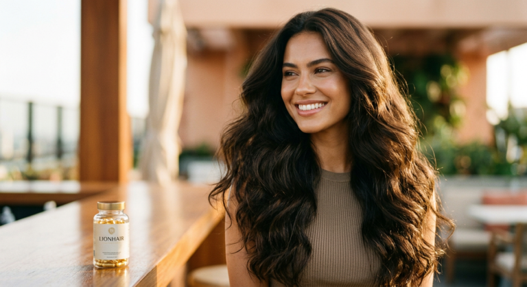 Mulher sorridente com cabelos longos, volumosos e brilhantes, simbolizando o crescimento e a saúde capilar proporcionados pelo LIONhair.