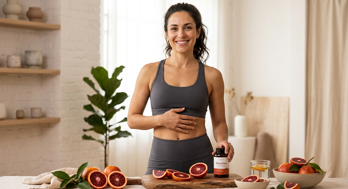 Mulher confiante com cintura fina e pele firme, segurando MoroVitta e laranjas Moro ao fundo.