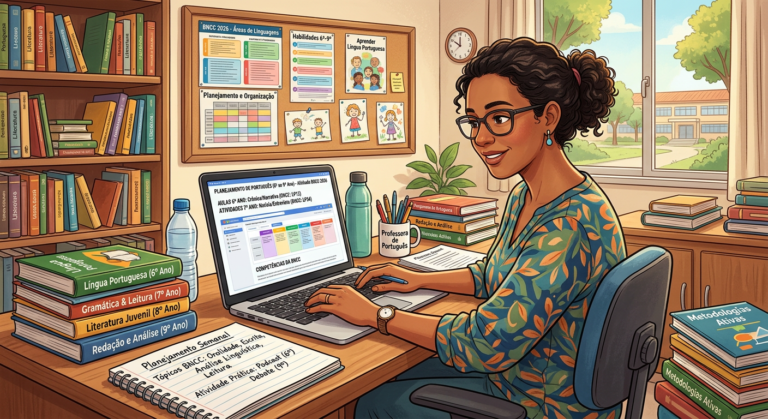 Professora de Língua Portuguesa planejando aulas com materiais didáticos