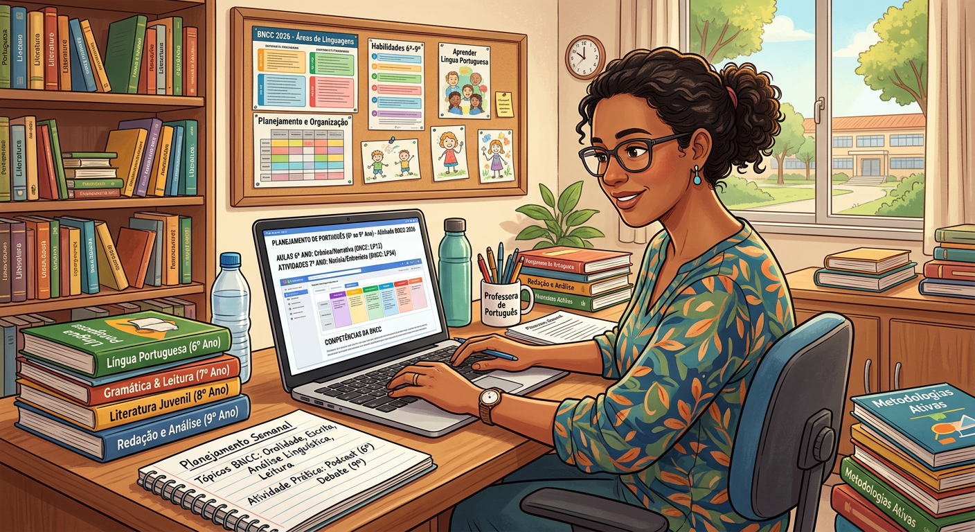 Professora de Língua Portuguesa planejando aulas com materiais didáticos